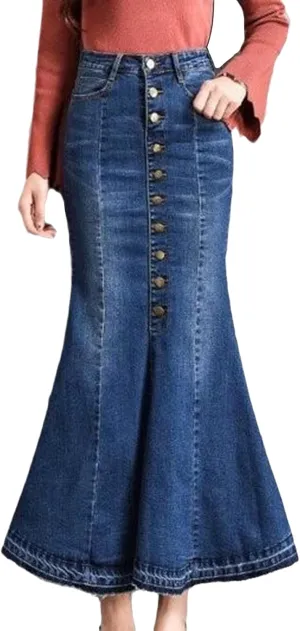 Conshvi Women's Elegant Button Down Long Denim Skirt High Waisted Distressed Flared Frayed Hem Stretch Jean Skirts