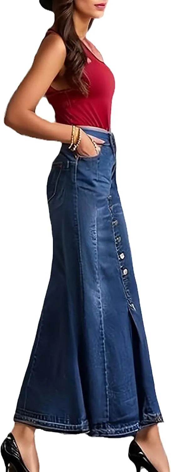 Conshvi Women's Elegant Button Down Long Denim Skirt High Waisted Distressed Flared Frayed Hem Stretch Jean Skirts