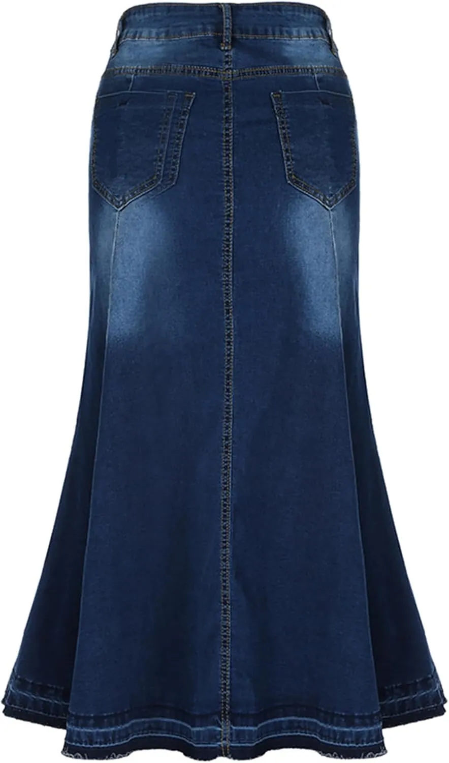 Conshvi Women's Elegant Button Down Long Denim Skirt High Waisted Distressed Flared Frayed Hem Stretch Jean Skirts
