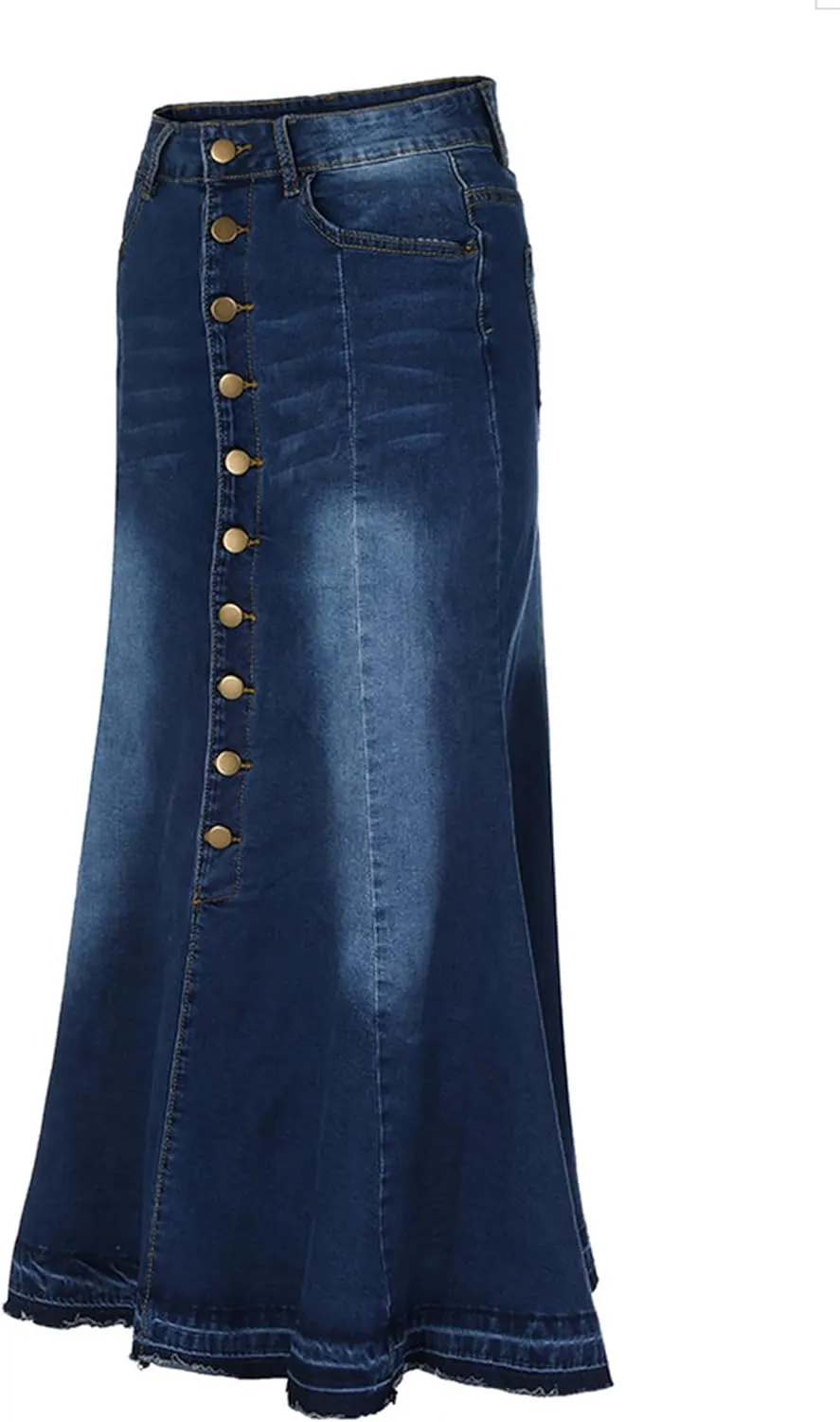 Conshvi Women's Elegant Button Down Long Denim Skirt High Waisted Distressed Flared Frayed Hem Stretch Jean Skirts