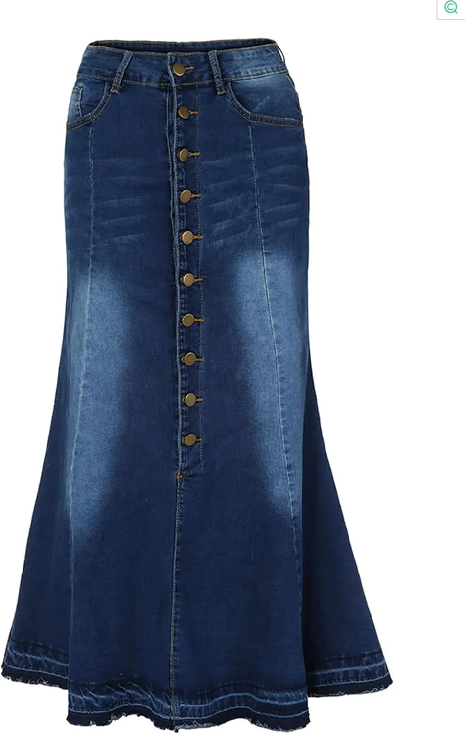 Conshvi Women's Elegant Button Down Long Denim Skirt High Waisted Distressed Flared Frayed Hem Stretch Jean Skirts