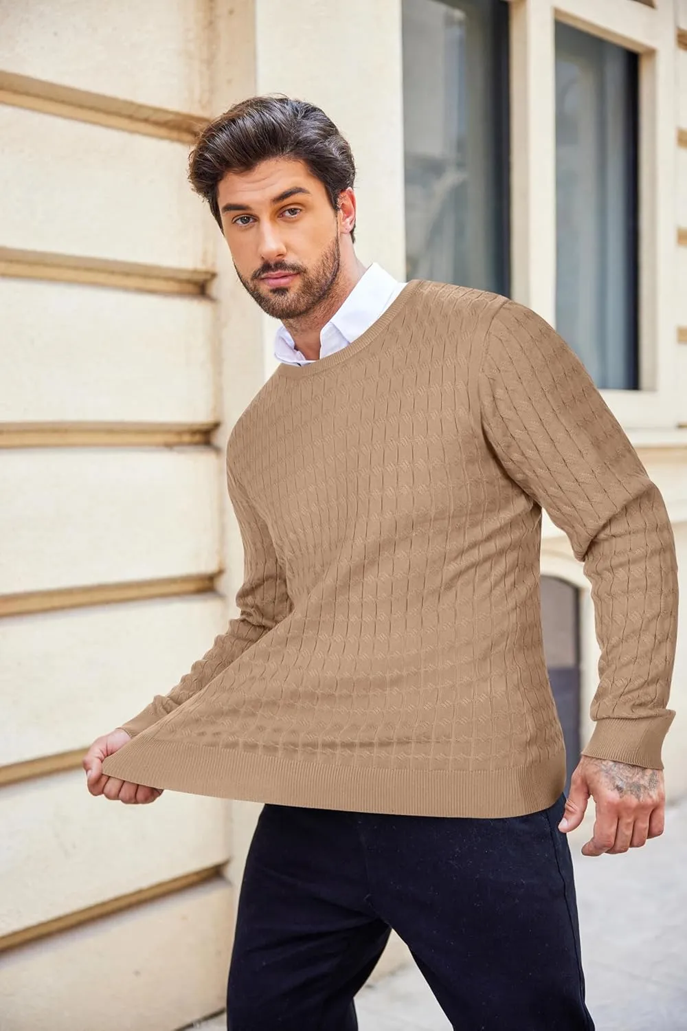 COOFANDY Men's Crewneck Knit Sweater Slim Fit Lightweight Casual Twist Patterned Cable Knitted Pullover