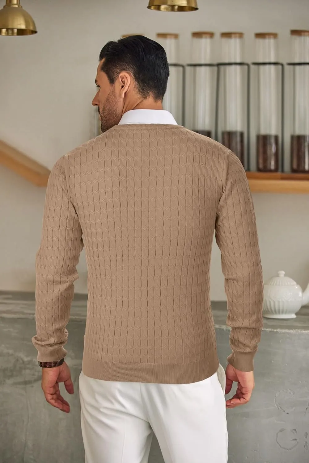 COOFANDY Men's Crewneck Knit Sweater Slim Fit Lightweight Casual Twist Patterned Cable Knitted Pullover