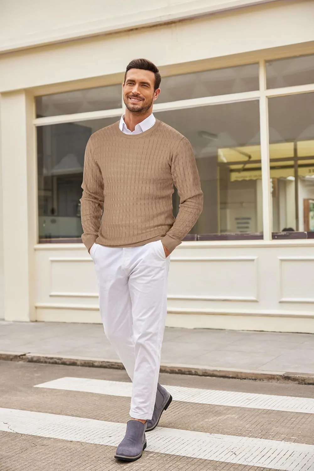 COOFANDY Men's Crewneck Knit Sweater Slim Fit Lightweight Casual Twist Patterned Cable Knitted Pullover