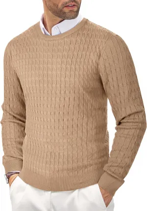 COOFANDY Men's Crewneck Knit Sweater Slim Fit Lightweight Casual Twist Patterned Cable Knitted Pullover
