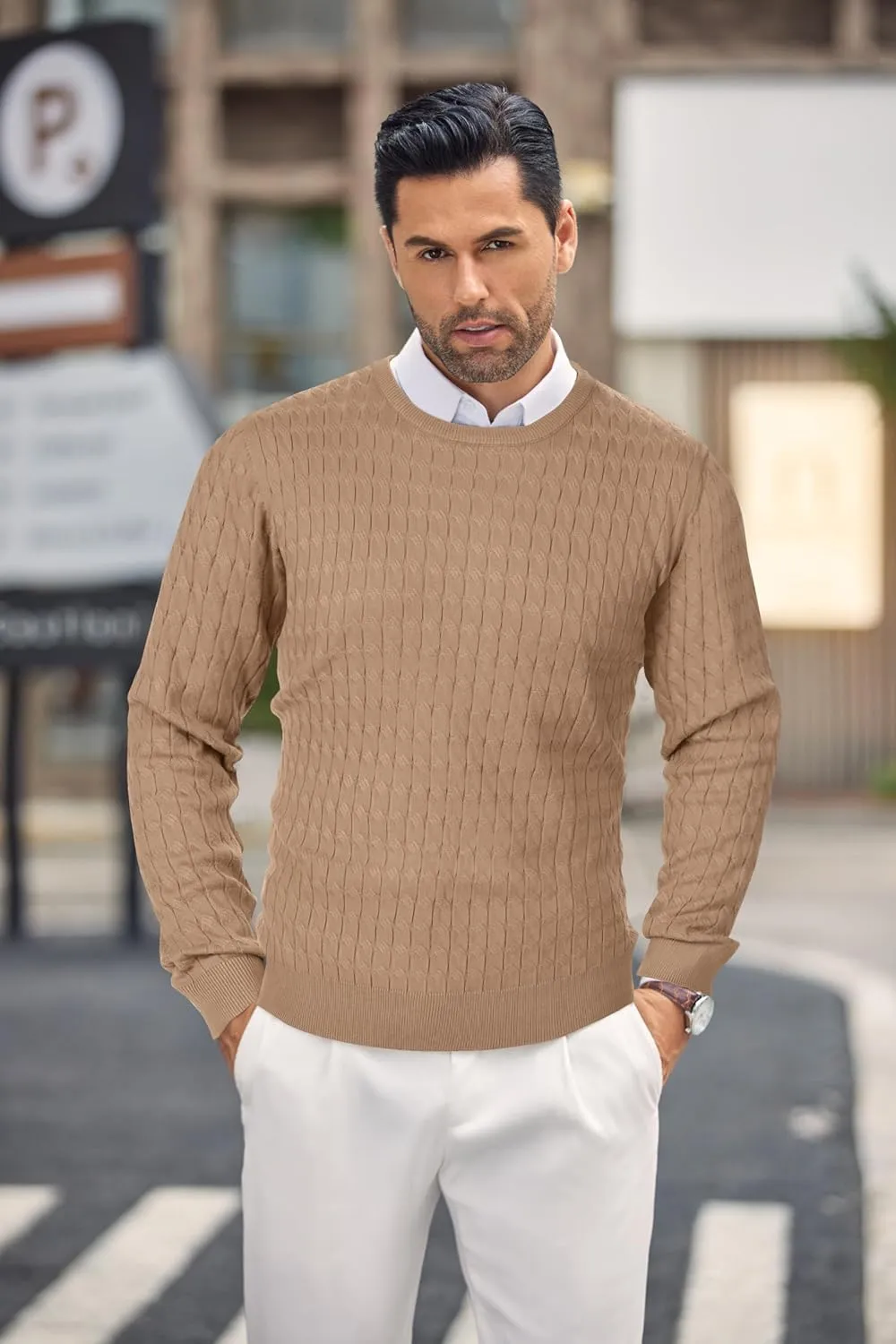 COOFANDY Men's Crewneck Knit Sweater Slim Fit Lightweight Casual Twist Patterned Cable Knitted Pullover