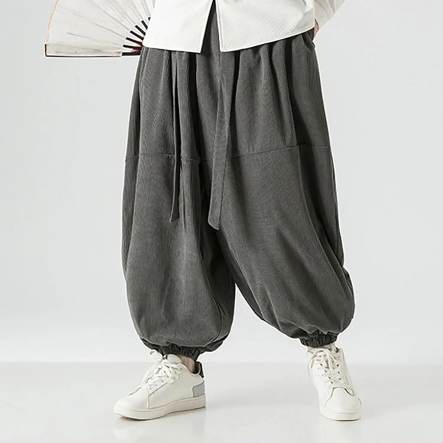Corduroy Pants Men Baggy Drop Crotch Hippie Harem Pants Casual Loose Boho Joggers Tie Front Japanese Pants Trousers