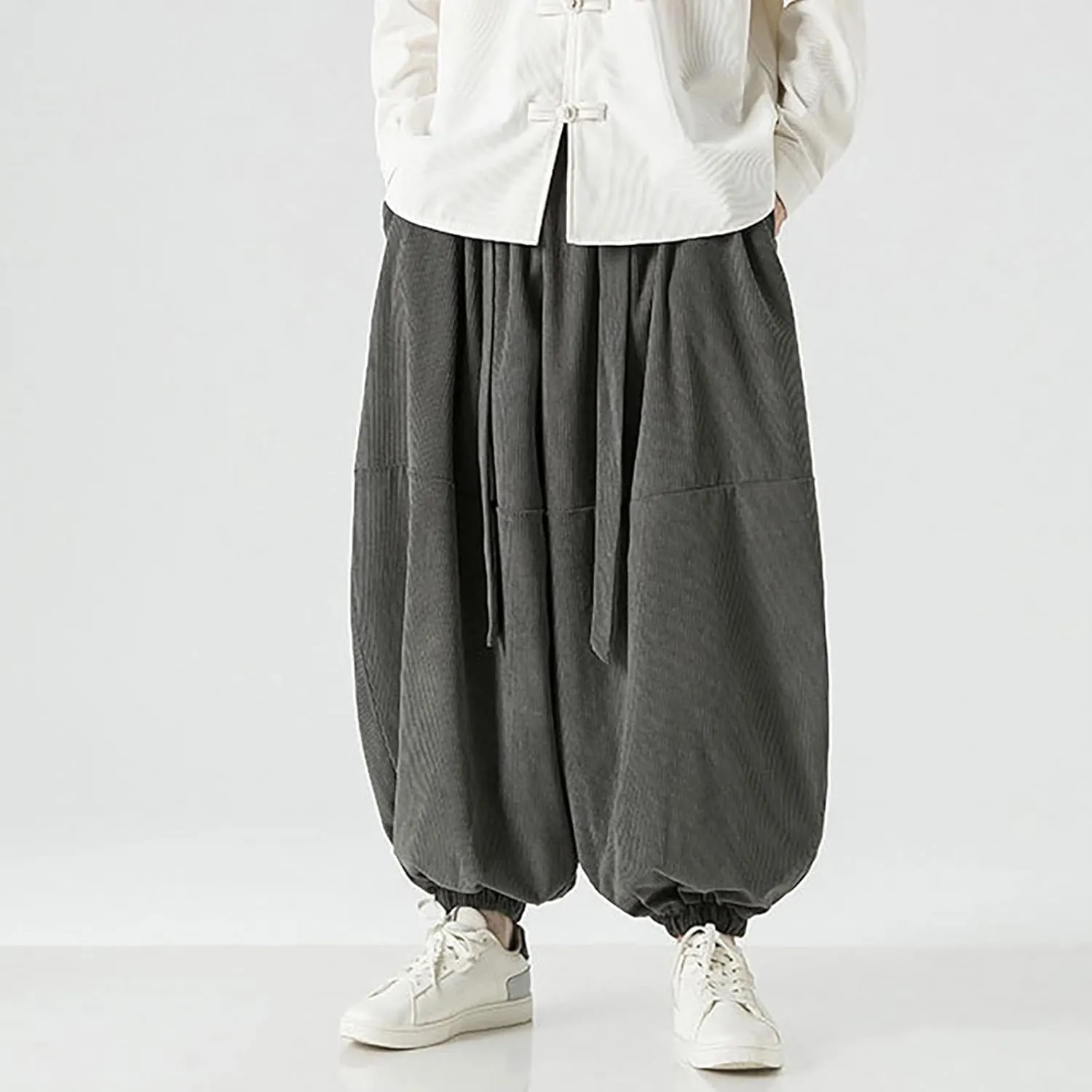 Corduroy Pants Men Baggy Drop Crotch Hippie Harem Pants Casual Loose Boho Joggers Tie Front Japanese Pants Trousers