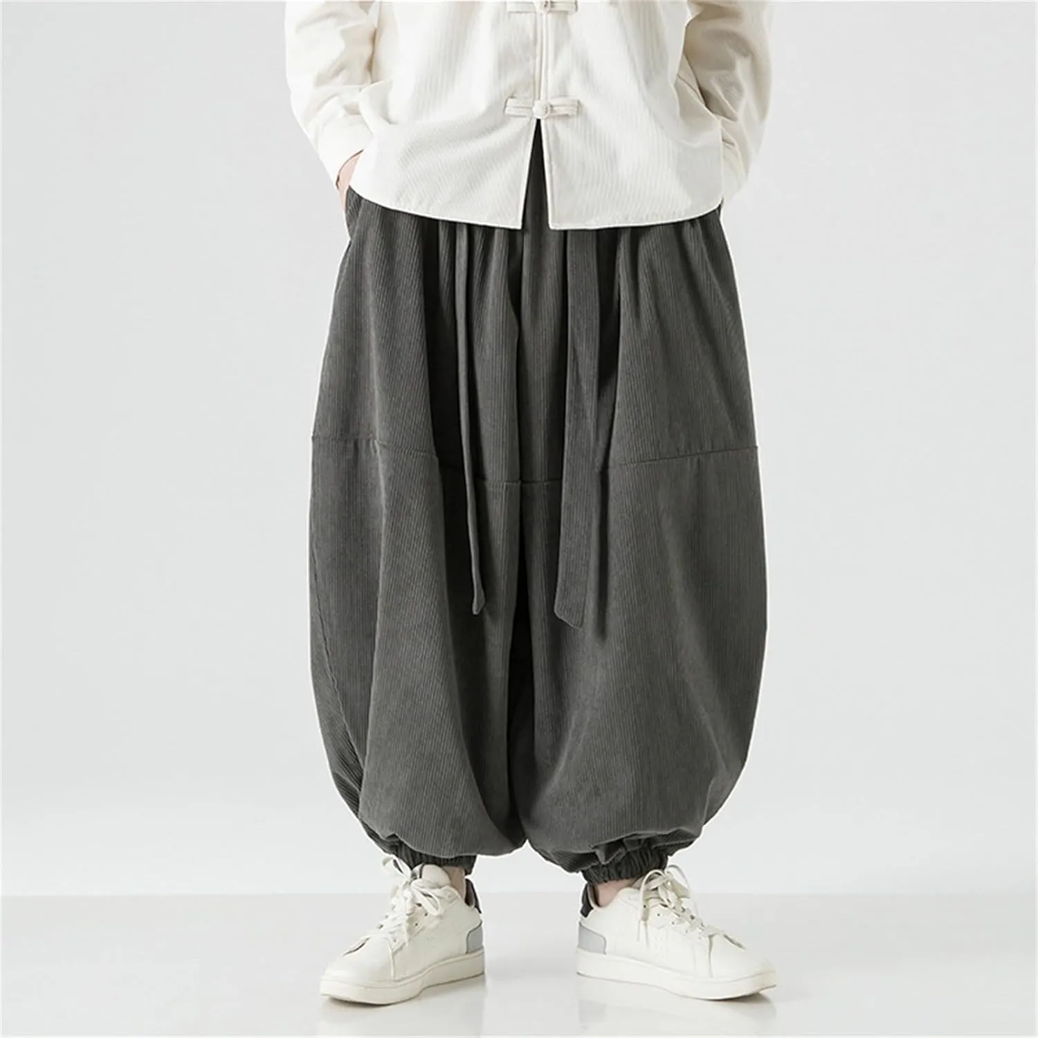 Corduroy Pants Men Baggy Drop Crotch Hippie Harem Pants Casual Loose Boho Joggers Tie Front Japanese Pants Trousers