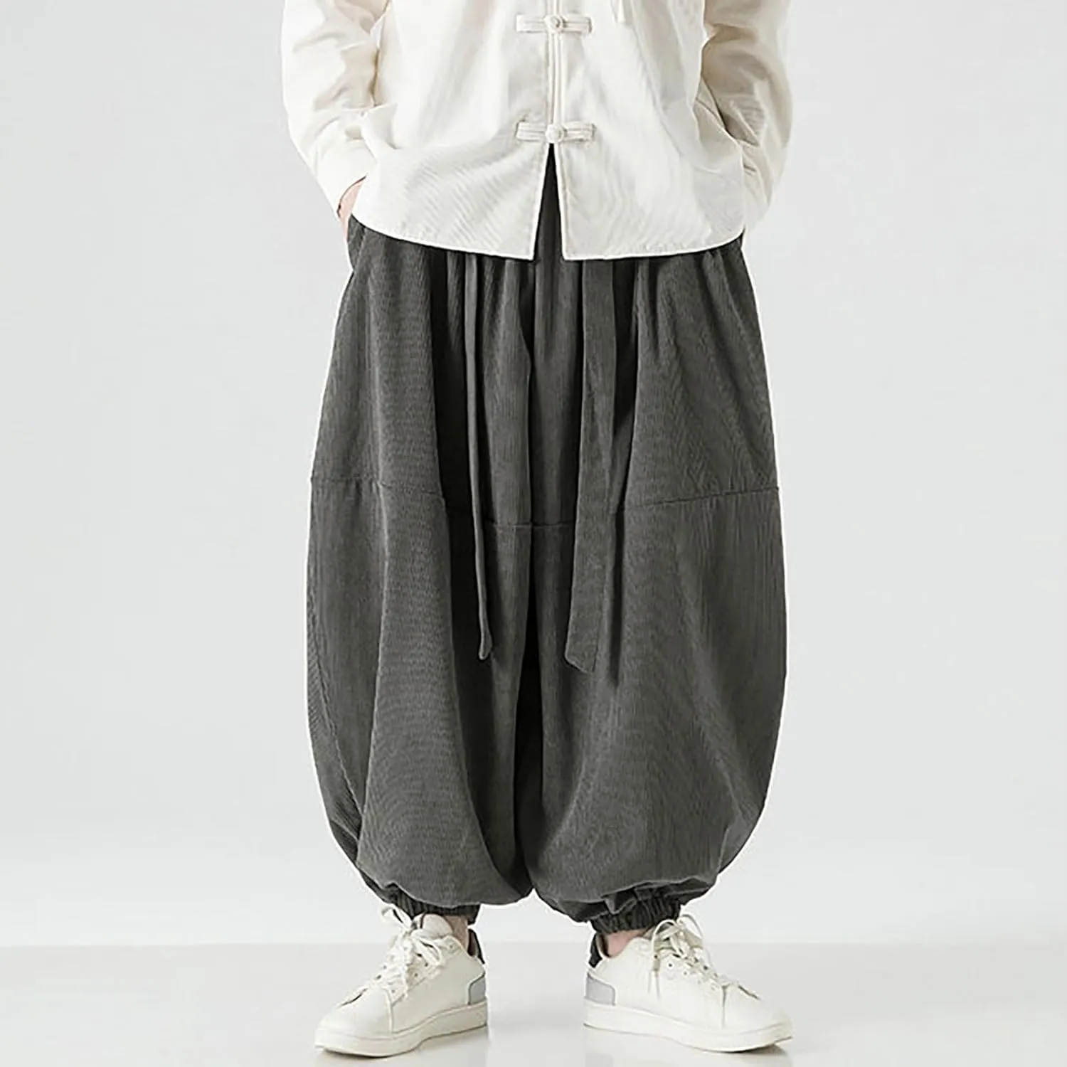 Corduroy Pants Men Baggy Drop Crotch Hippie Harem Pants Casual Loose Boho Joggers Tie Front Japanese Pants Trousers