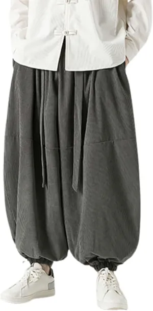 Corduroy Pants Men Baggy Drop Crotch Hippie Harem Pants Casual Loose Boho Joggers Tie Front Japanese Pants Trousers