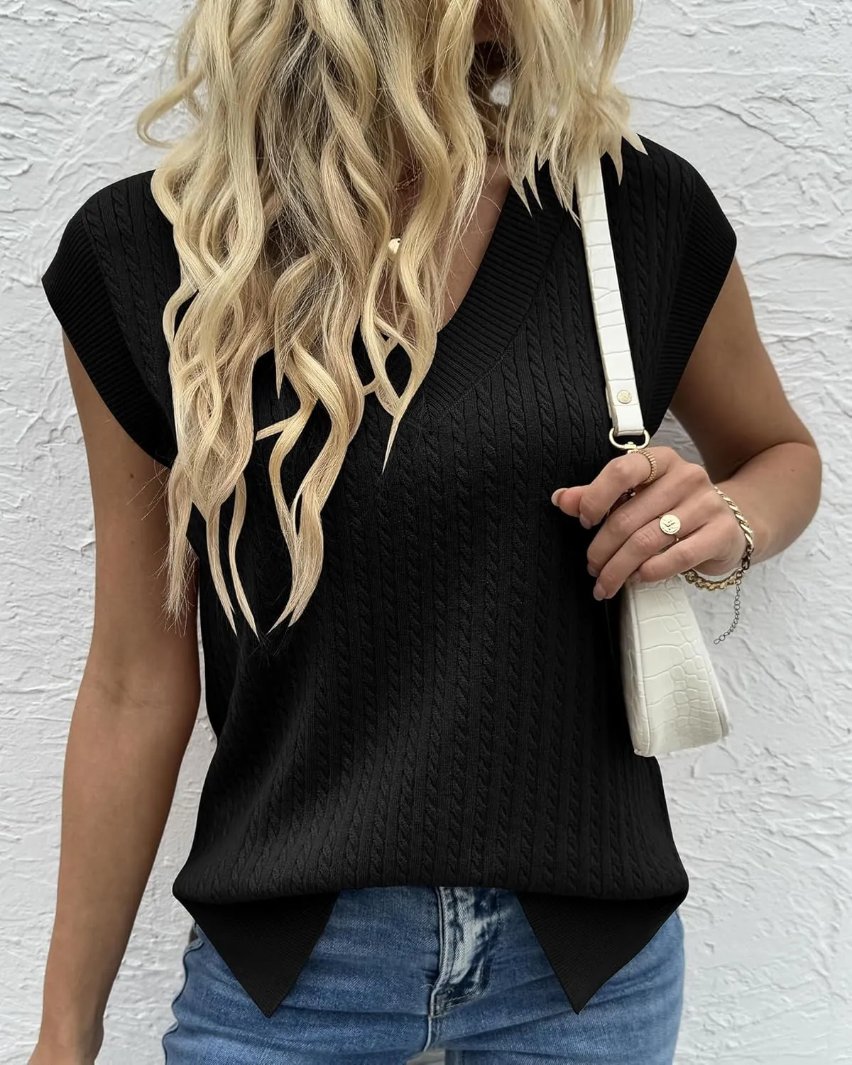 COSSEN Womens V Neck Sweater Vest Oversized Cable Knit Sleeveless Casual Loose Fit Pullover Tank Top