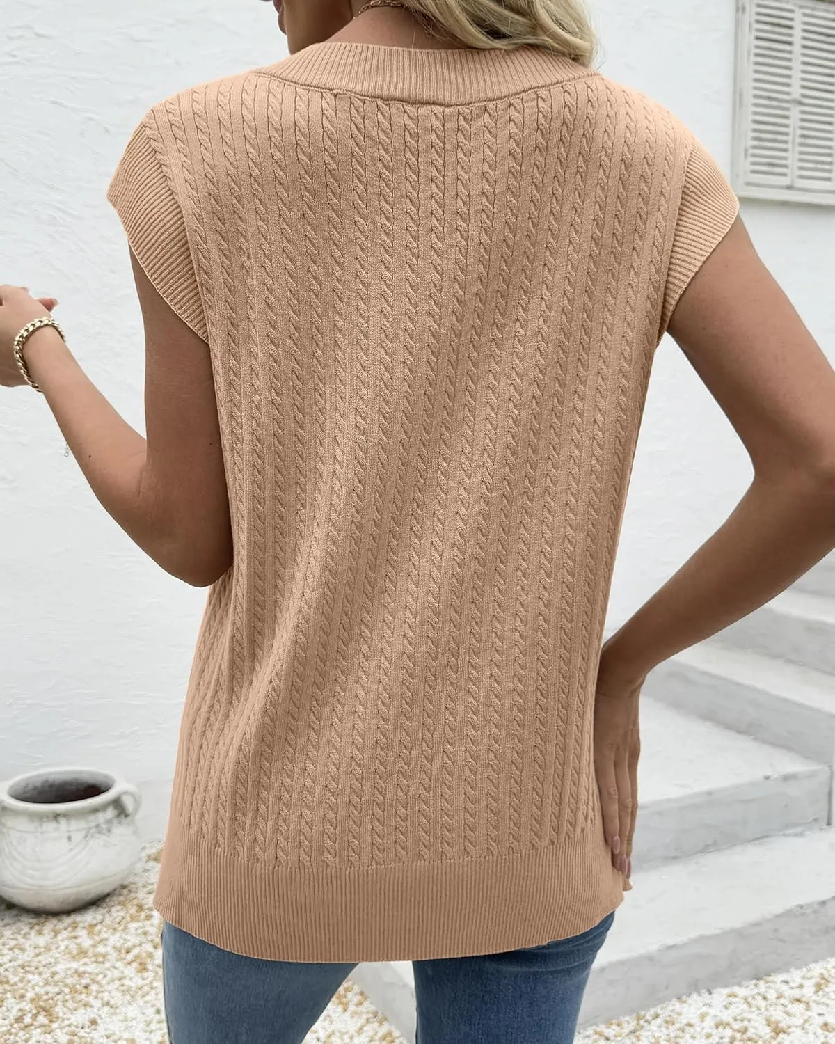 COSSEN Womens V Neck Sweater Vest Oversized Cable Knit Sleeveless Casual Loose Fit Pullover Tank Top
