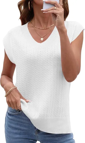 COSSEN Womens V Neck Sweater Vest Oversized Cable Knit Sleeveless Casual Loose Fit Pullover Tank Top