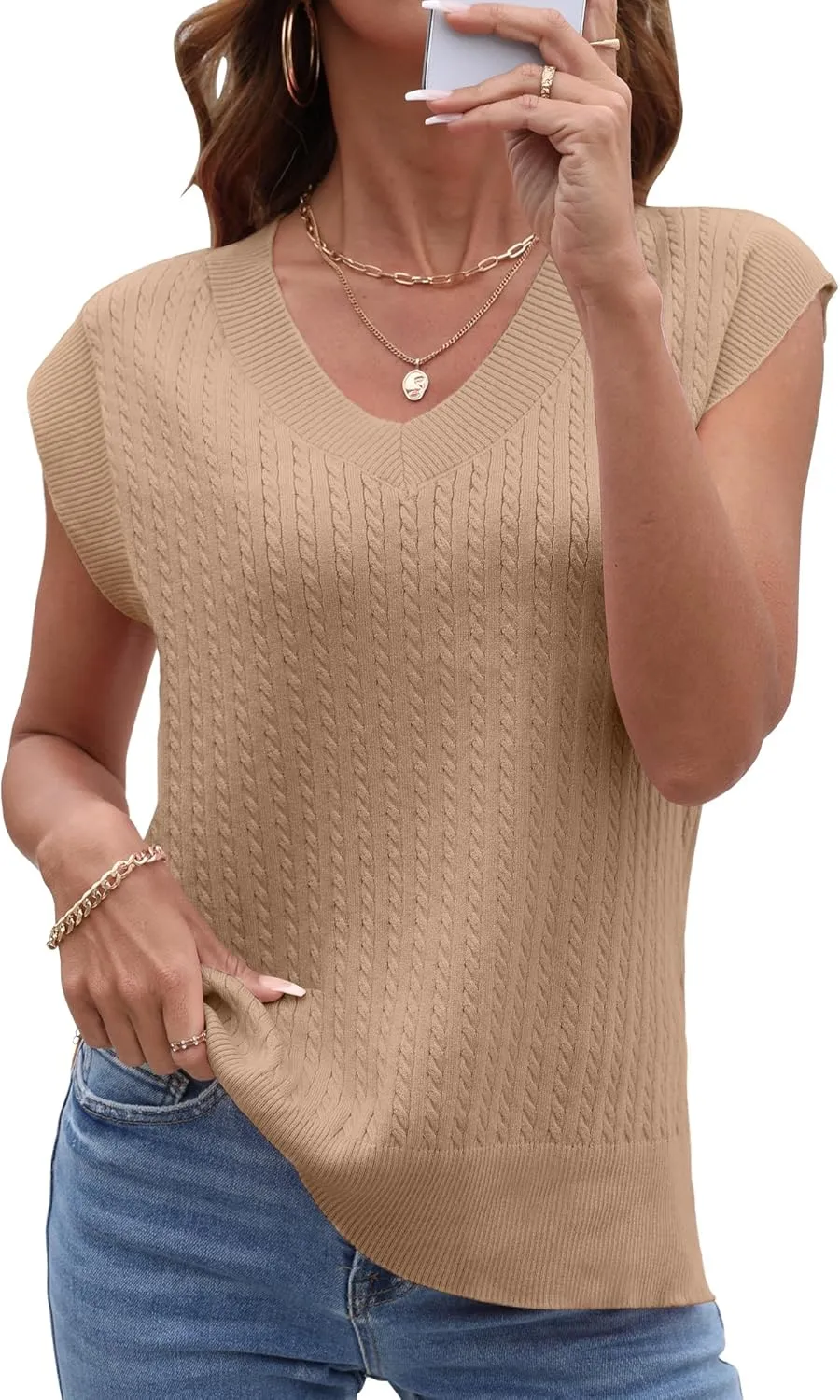 COSSEN Womens V Neck Sweater Vest Oversized Cable Knit Sleeveless Casual Loose Fit Pullover Tank Top