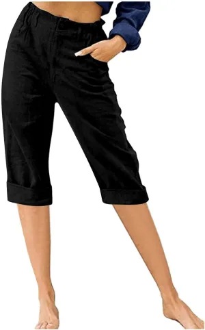 Cotton Linen Capri Pants for Women Casual 2024 Summer Straight Leg Pant Loose Cropped Trousers with Pockets