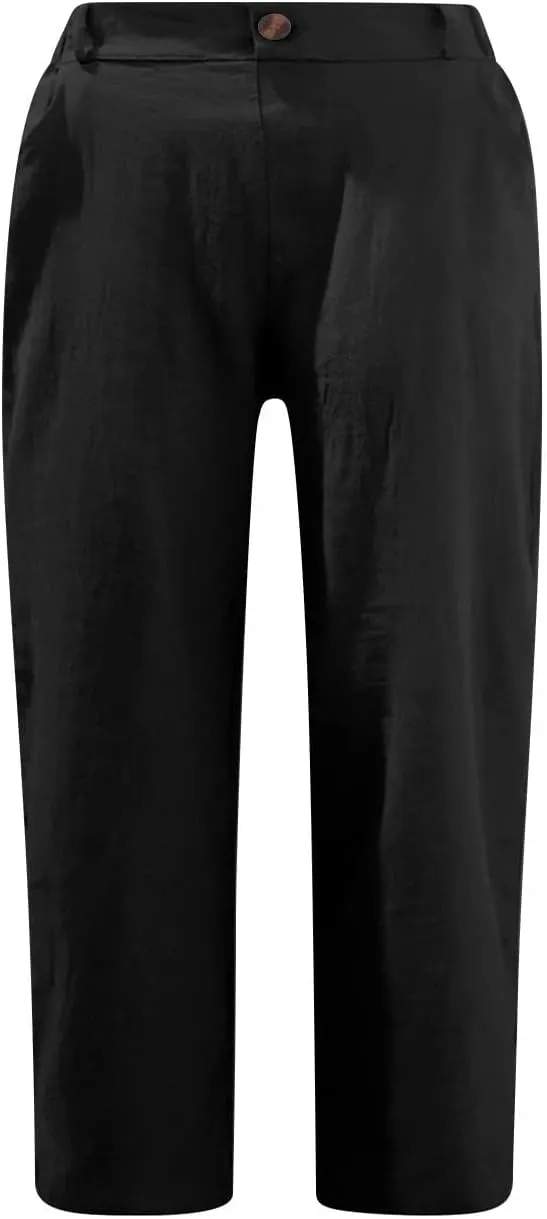 Cotton Linen Capri Pants for Women Casual 2024 Summer Straight Leg Pant Loose Cropped Trousers with Pockets
