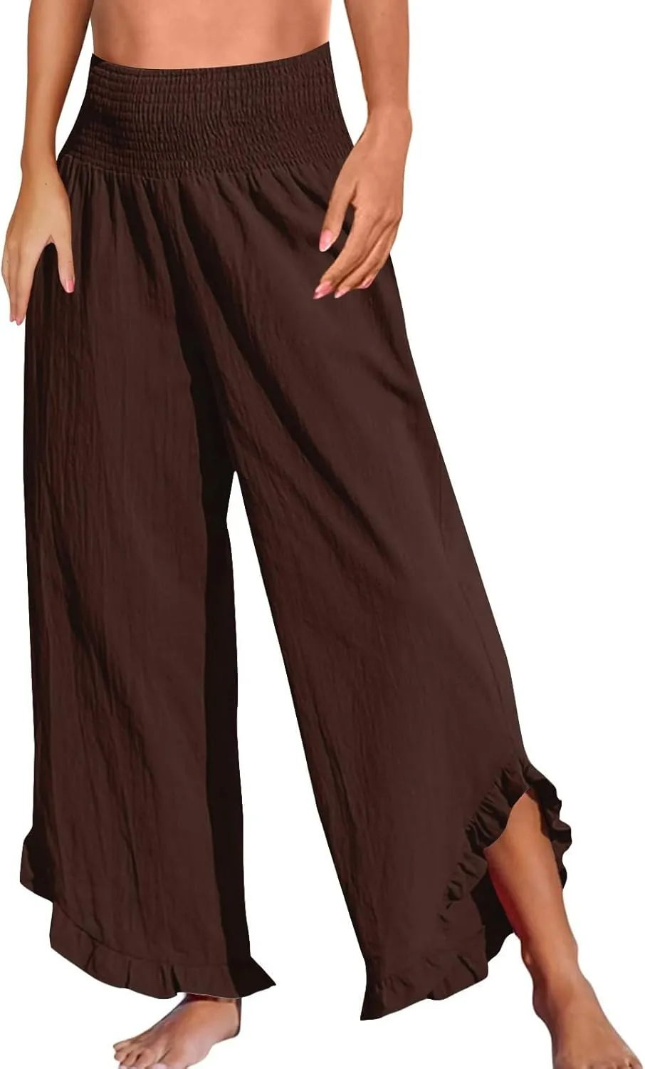 Cotton Linen Pants Women Summer Elastic High Waisted Ruffles Palazzo Pants Pull on Travel Vacation Trousers with Pockets