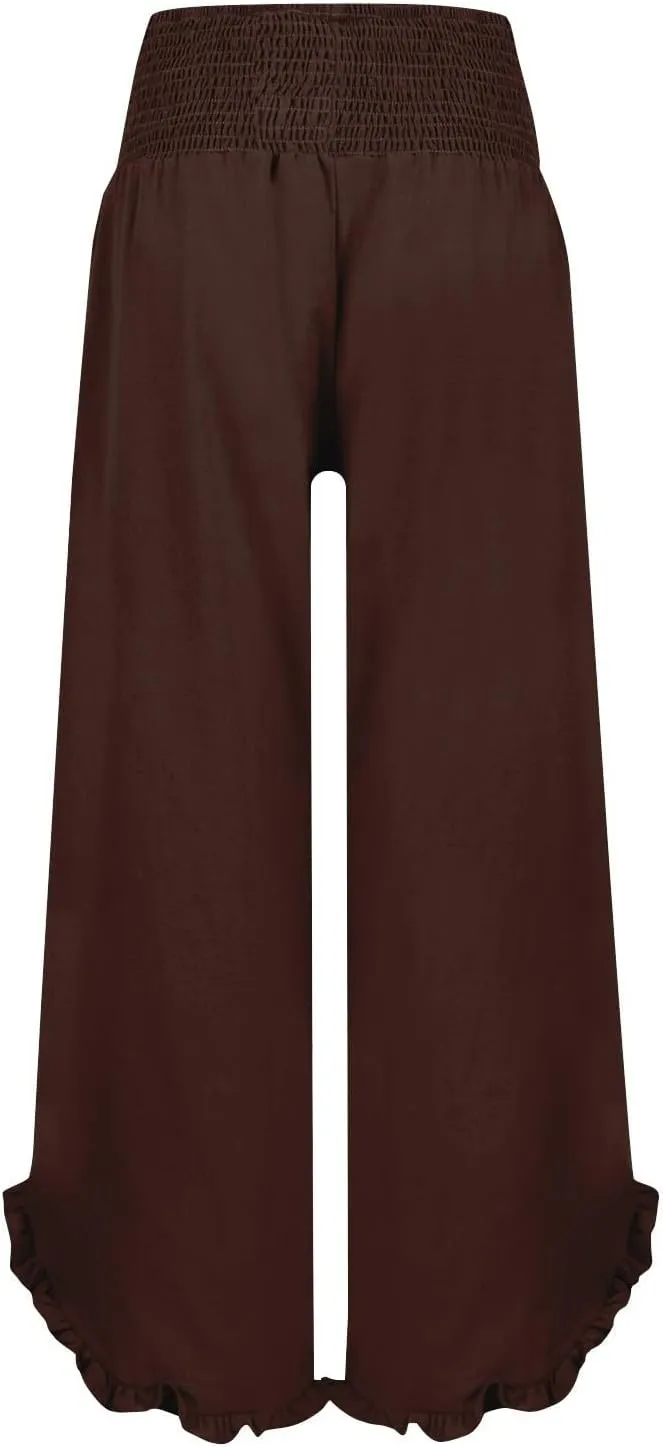 Cotton Linen Pants Women Summer Elastic High Waisted Ruffles Palazzo Pants Pull on Travel Vacation Trousers with Pockets