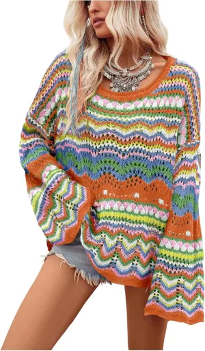 COZYEASE Women's Oversized Colorful Sweater Drop Shoulder Pullover Crochet Hollow Fall Outfit Sweater Tops