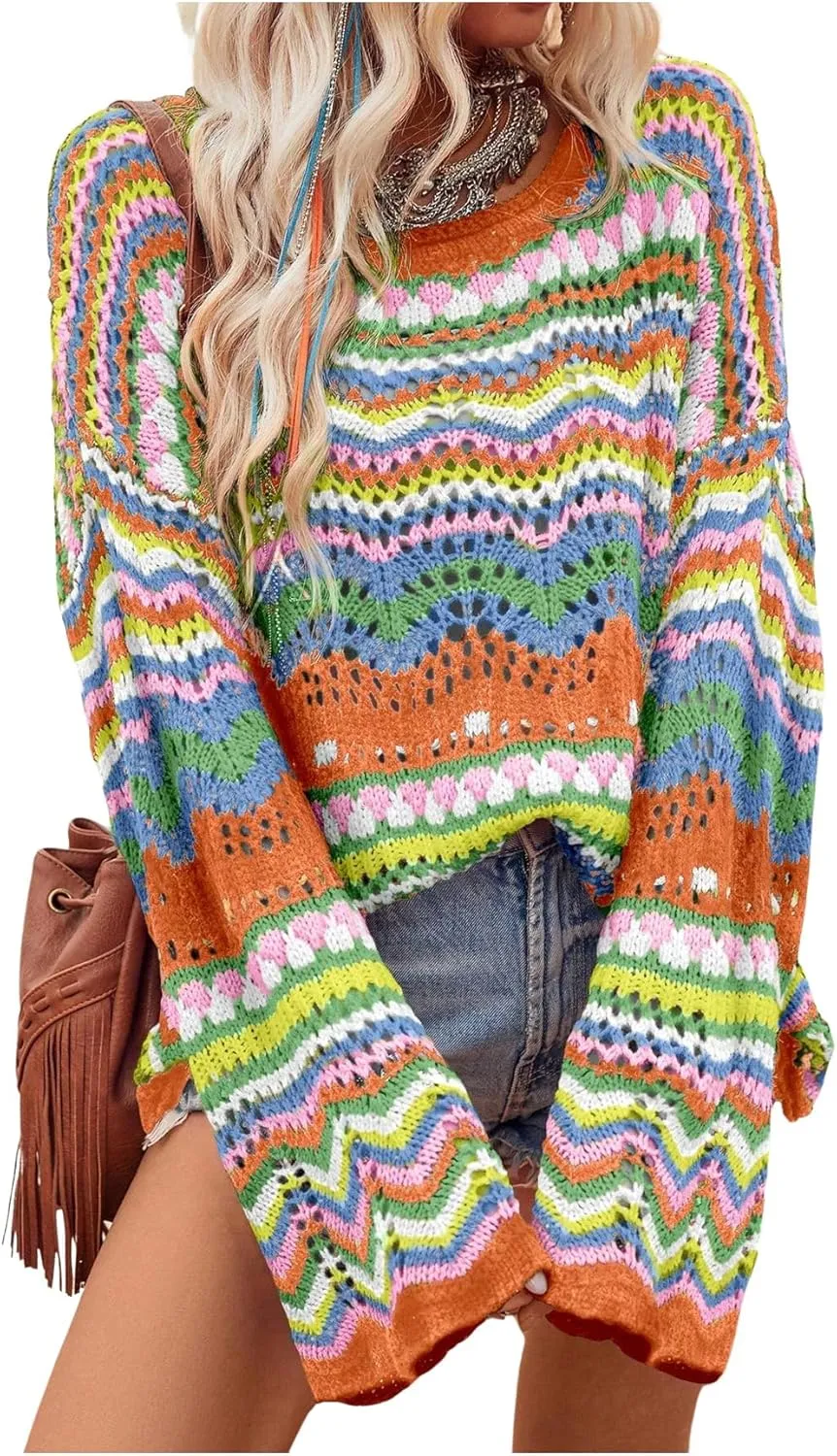 COZYEASE Women's Oversized Colorful Sweater Drop Shoulder Pullover Crochet Hollow Fall Outfit Sweater Tops