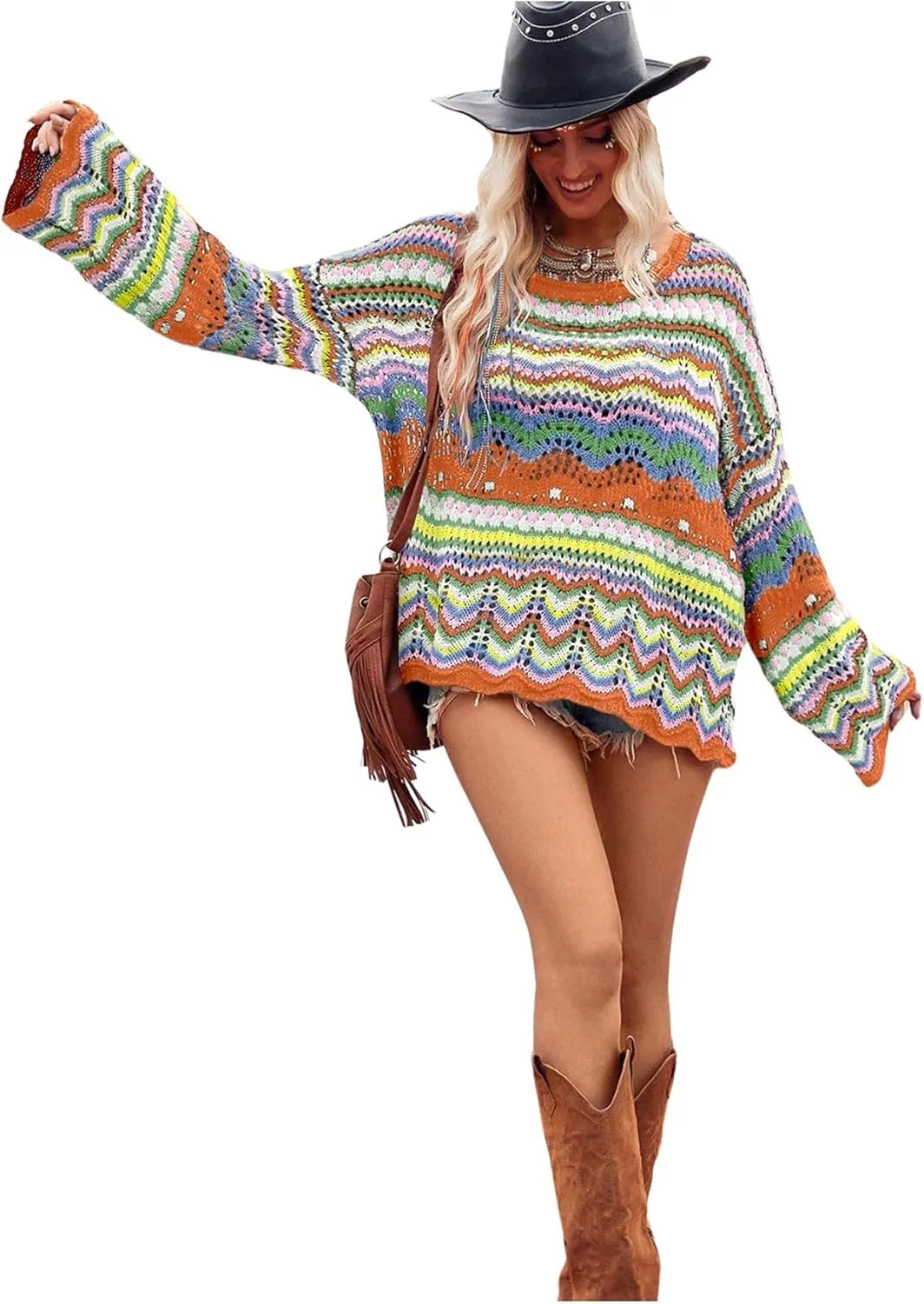 COZYEASE Women's Oversized Colorful Sweater Drop Shoulder Pullover Crochet Hollow Fall Outfit Sweater Tops