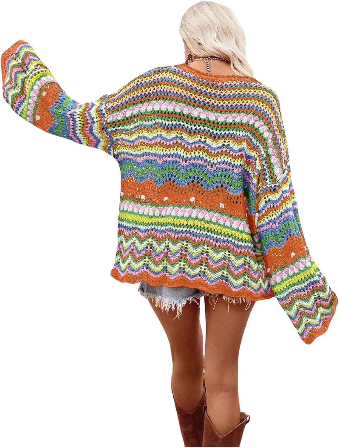 COZYEASE Women's Oversized Colorful Sweater Drop Shoulder Pullover Crochet Hollow Fall Outfit Sweater Tops