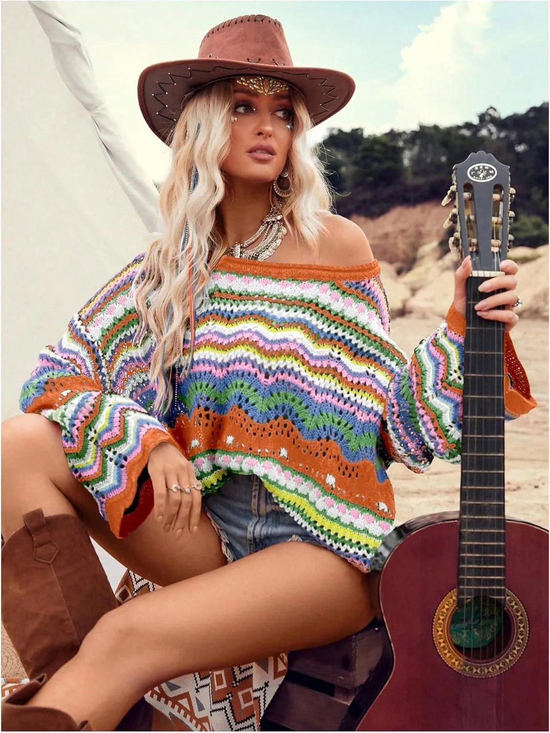 COZYEASE Women's Oversized Colorful Sweater Drop Shoulder Pullover Crochet Hollow Fall Outfit Sweater Tops