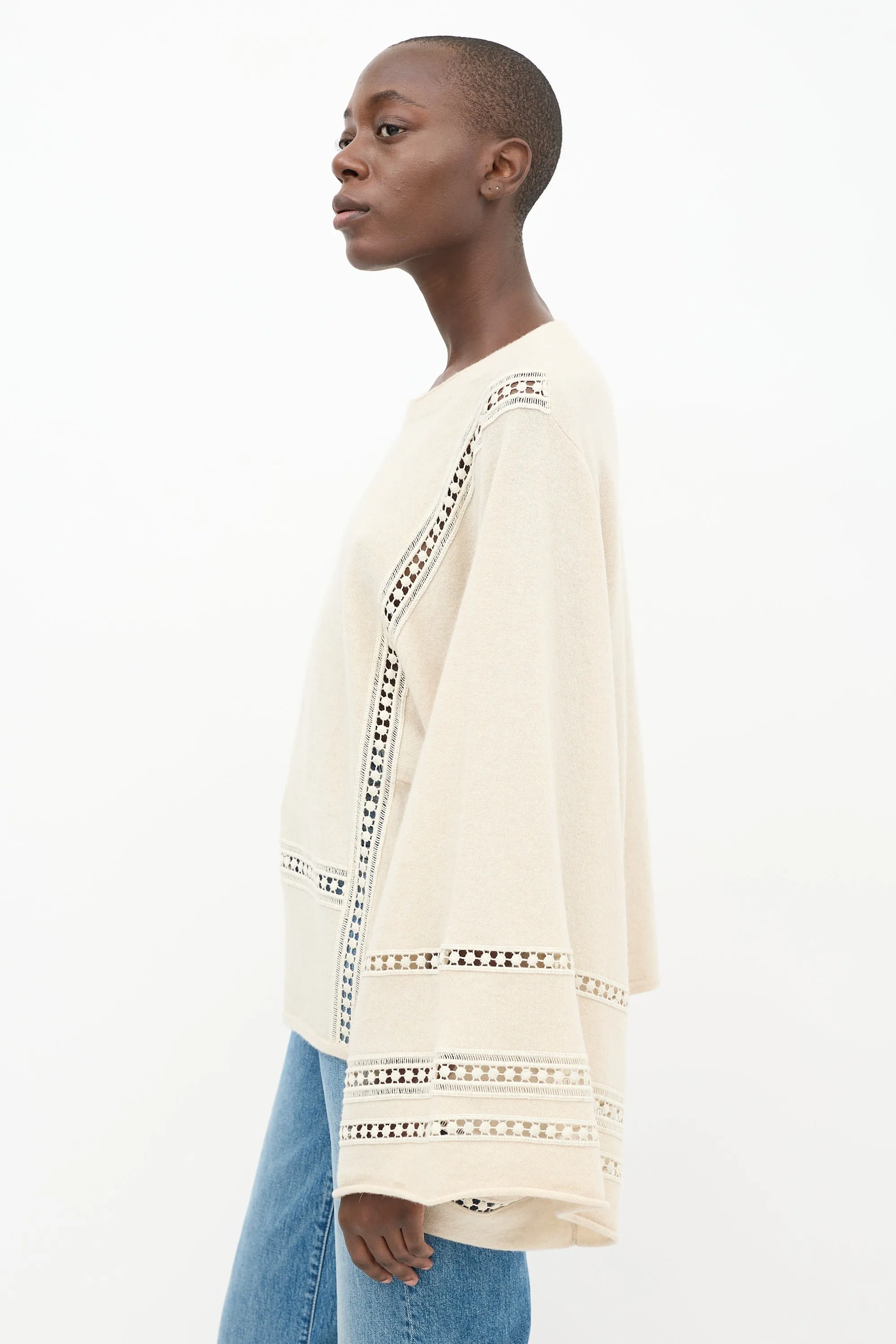 Cream Wool Knit Eyelet Sweater