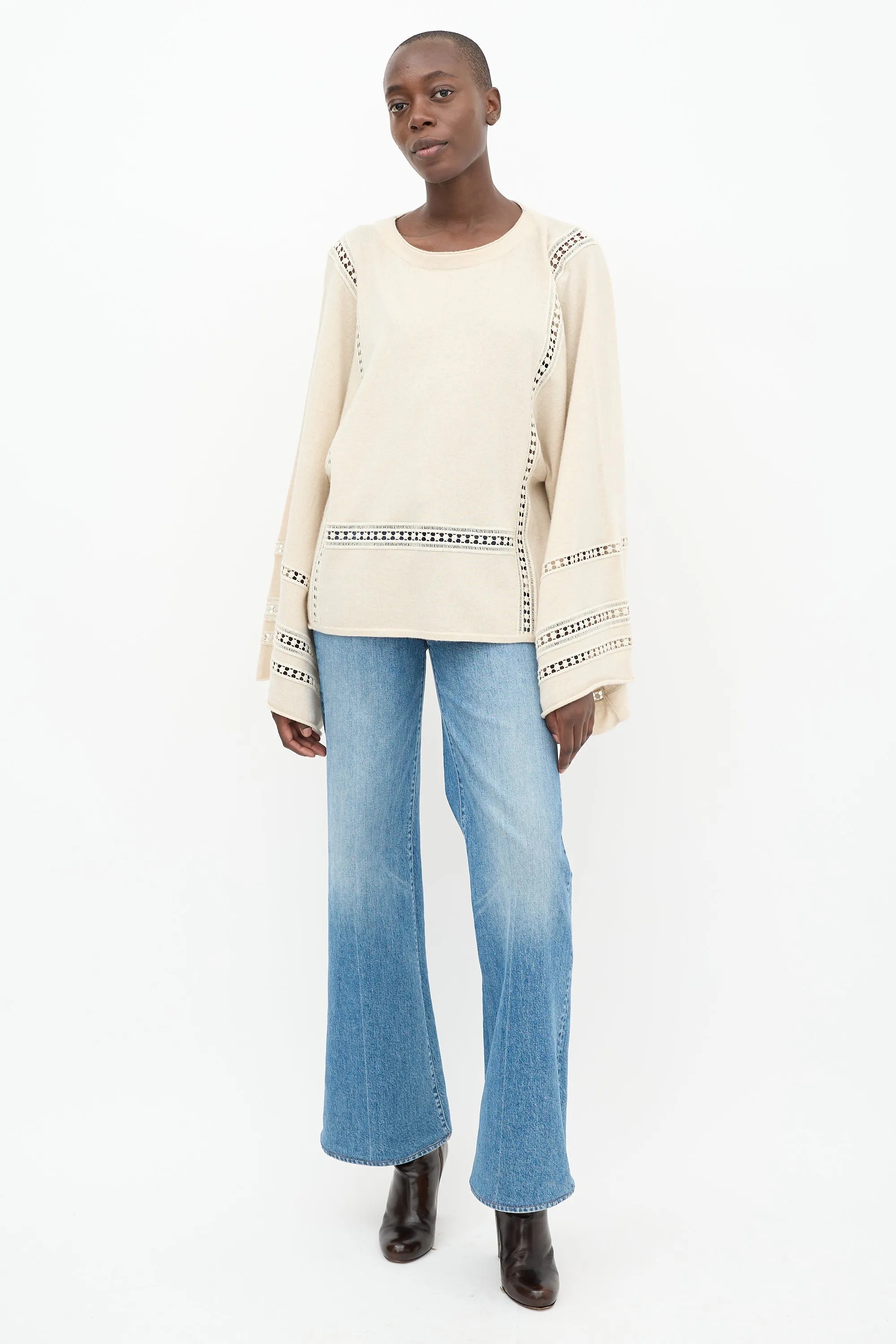 Cream Wool Knit Eyelet Sweater