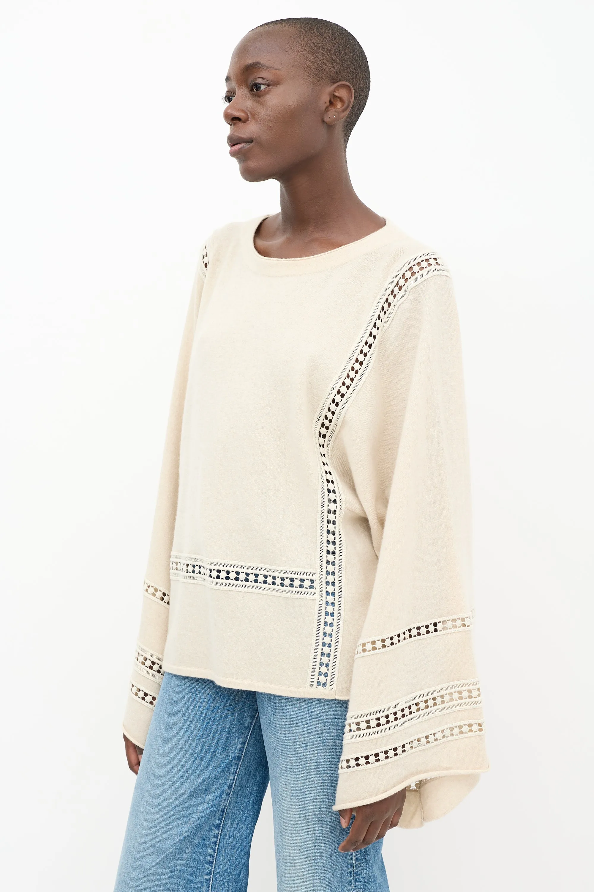 Cream Wool Knit Eyelet Sweater