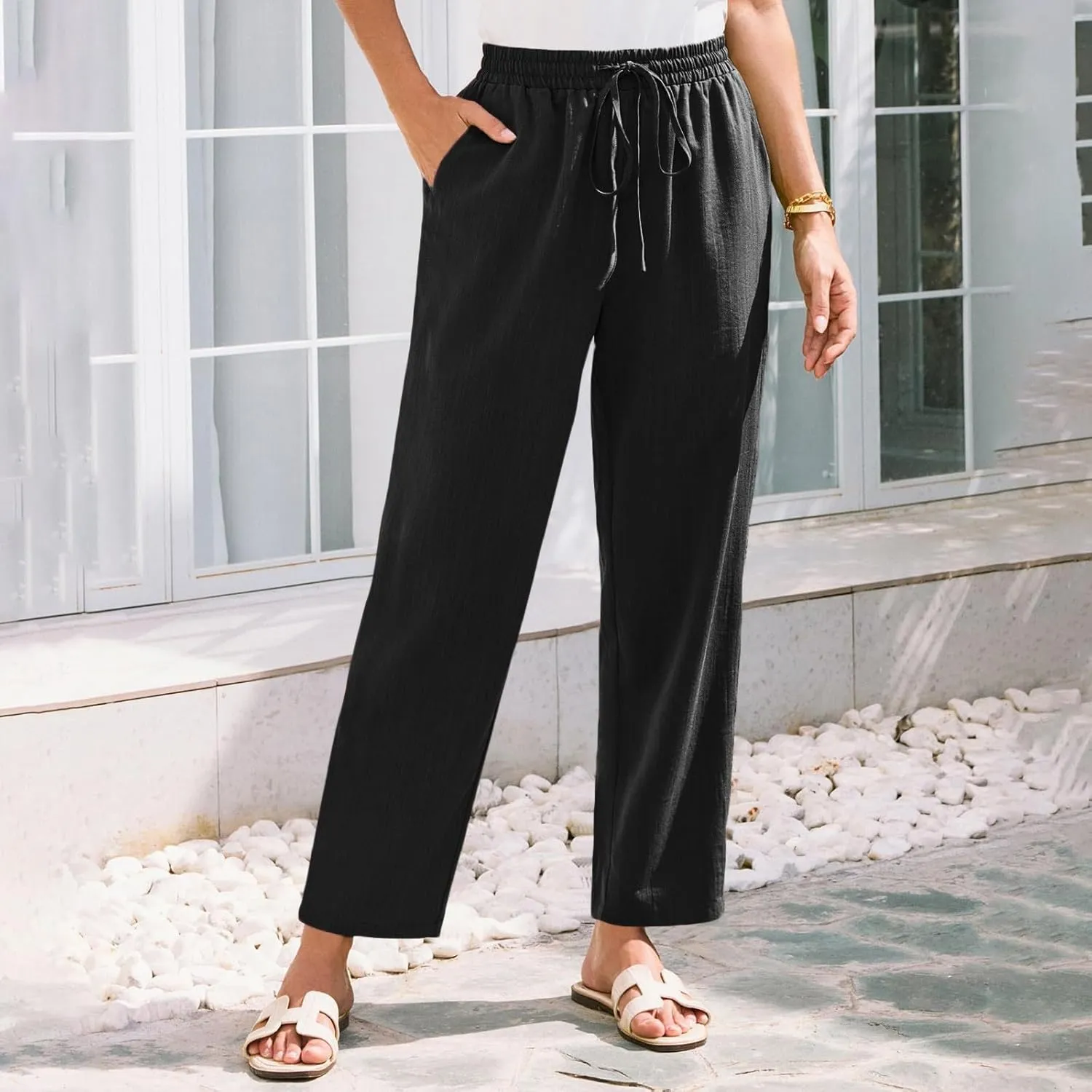 Cropped Linen Pants Women High Waist Wide Leg Casual Palazzo Pant with Pockets Beach Crop Trousers Summer Outfits