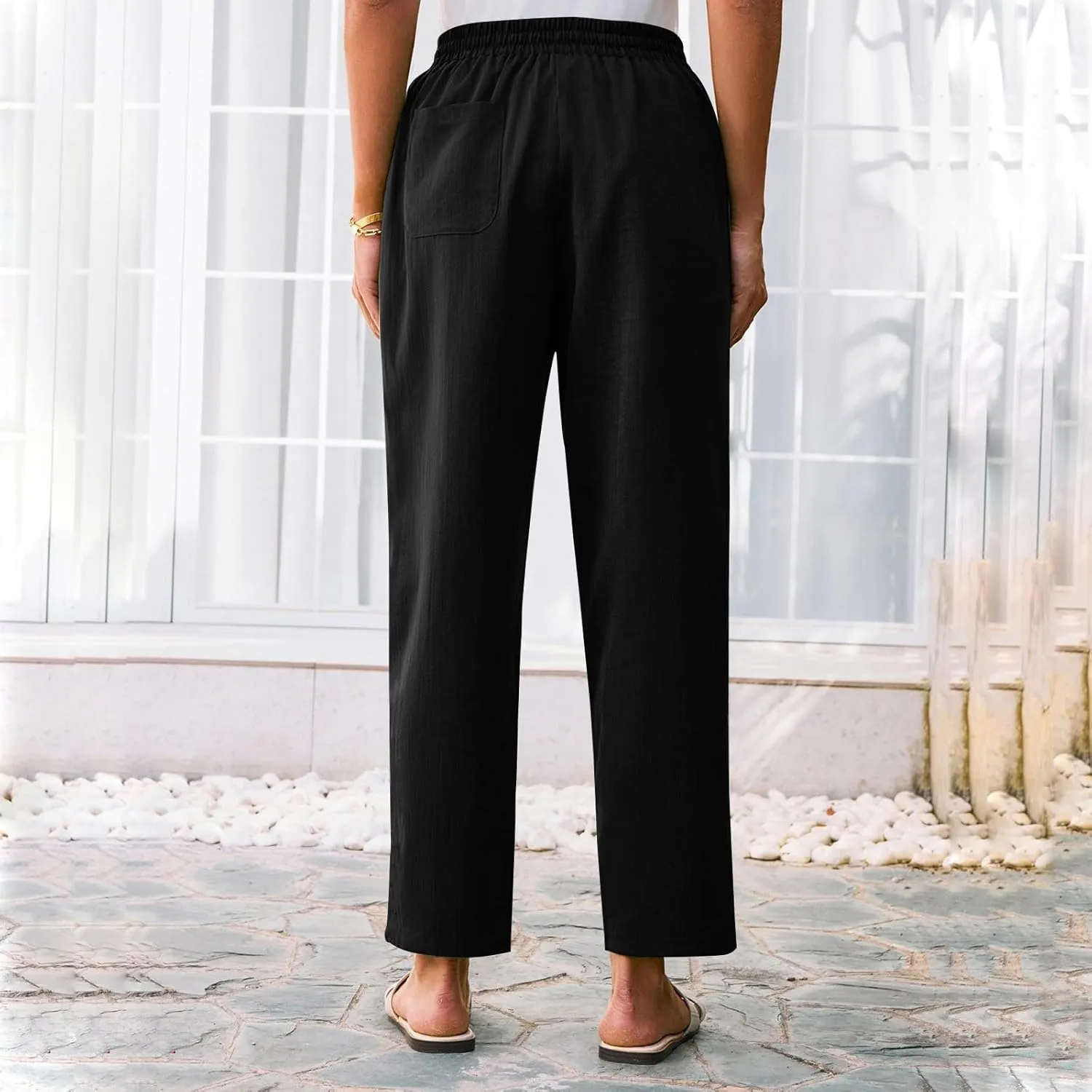 Cropped Linen Pants Women High Waist Wide Leg Casual Palazzo Pant with Pockets Beach Crop Trousers Summer Outfits