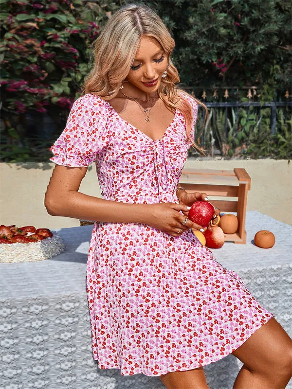 Crossed Tie Puff Sleeves Printed Dress
