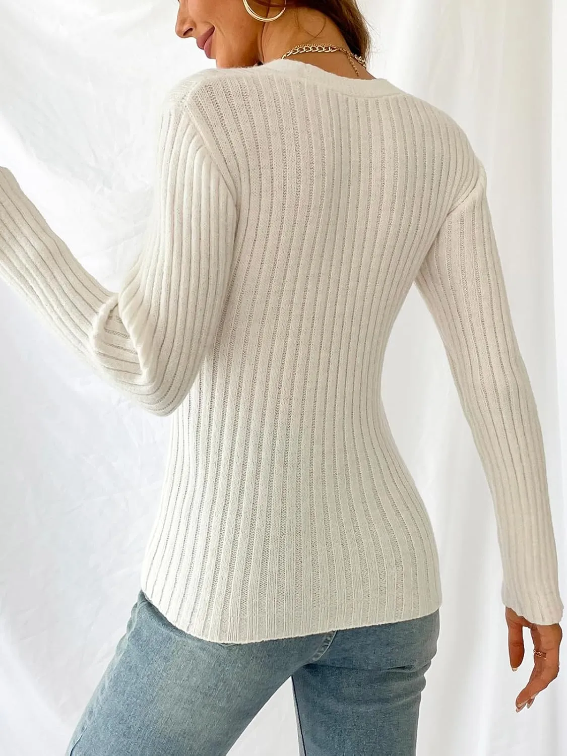 CUPSHE Women's Ribbed Long Sleeve Sweater 2024 Fall Knit V Neck Pullover Sweater Tops