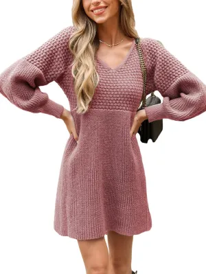 CUPSHE Women's Sweater Dress V Neck Honeycomb Long Sleeve Textured Fall Casual Knit Pullover Dresses