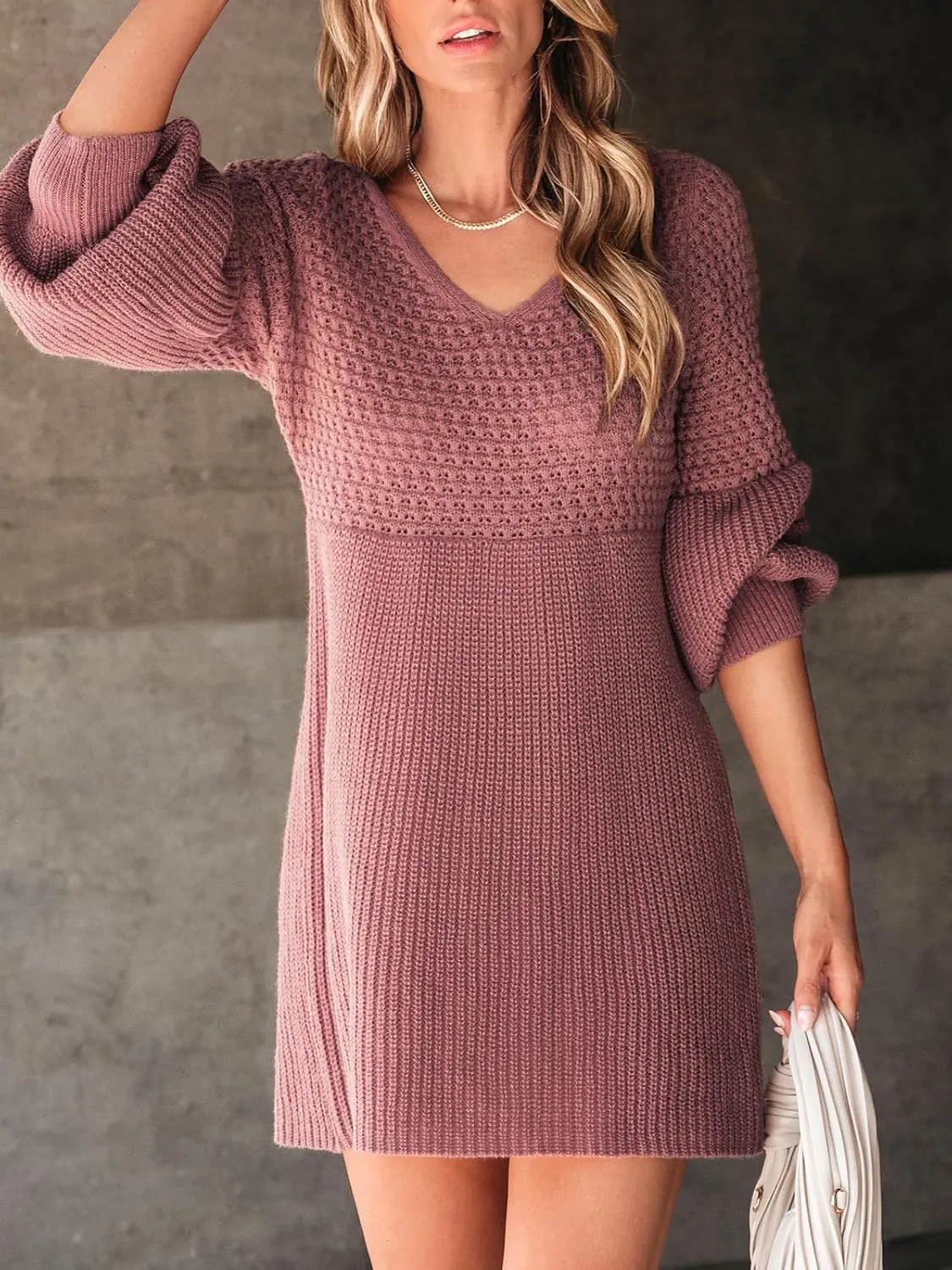 CUPSHE Women's Sweater Dress V Neck Honeycomb Long Sleeve Textured Fall Casual Knit Pullover Dresses