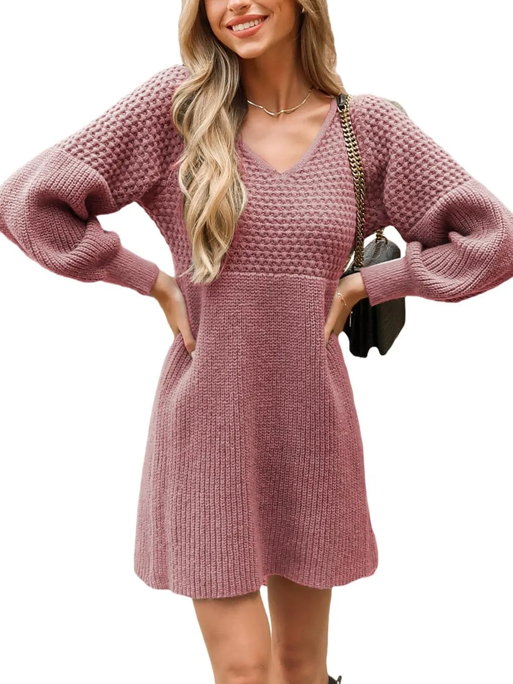 CUPSHE Women's Sweater Dress V Neck Honeycomb Long Sleeve Textured Fall Casual Knit Pullover Dresses