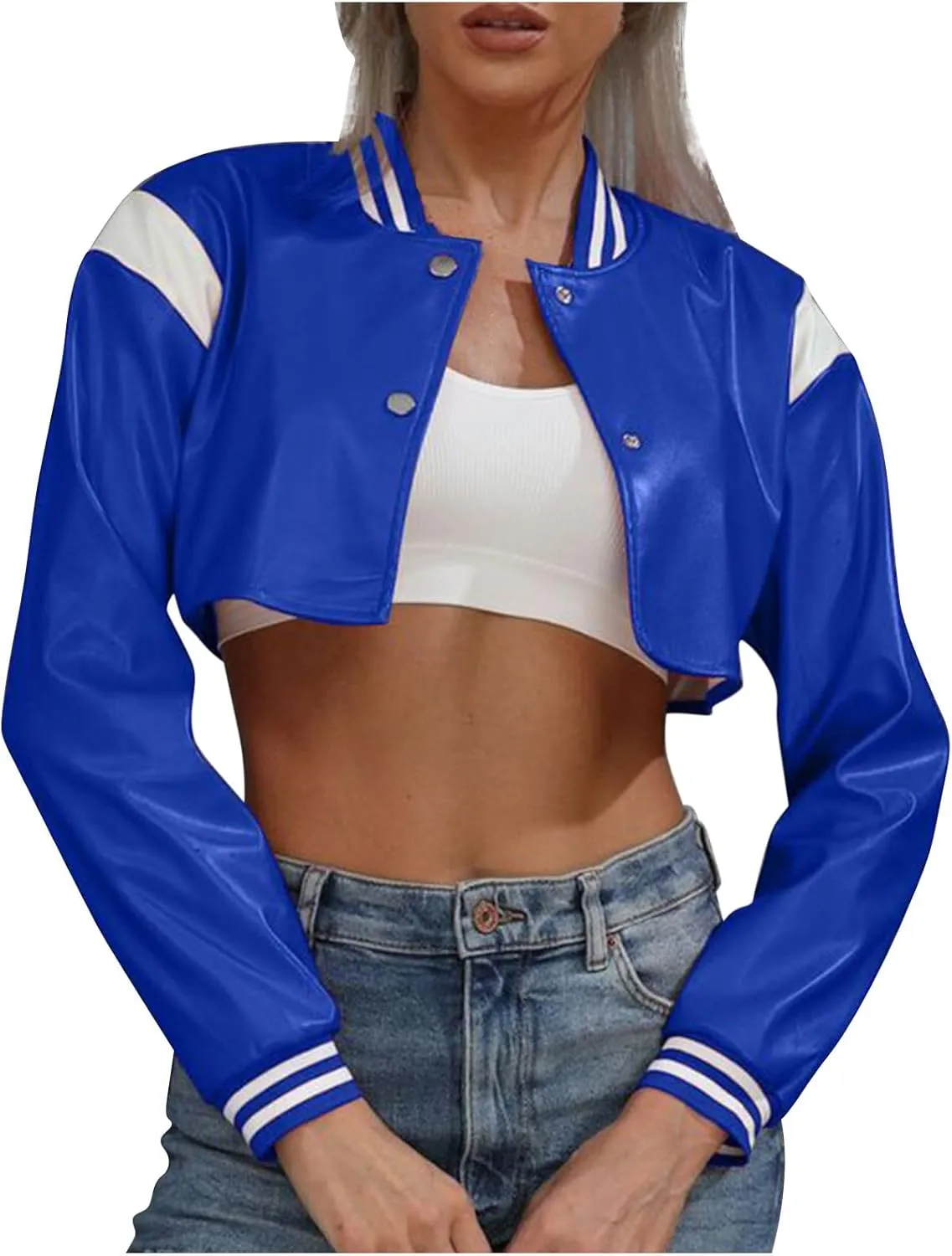 Dademeo Women's Bomber Jackets Leather Button Casual Cropped Baseball Jacket Fashion Motorcycle Jacket Short Varsity Outwear