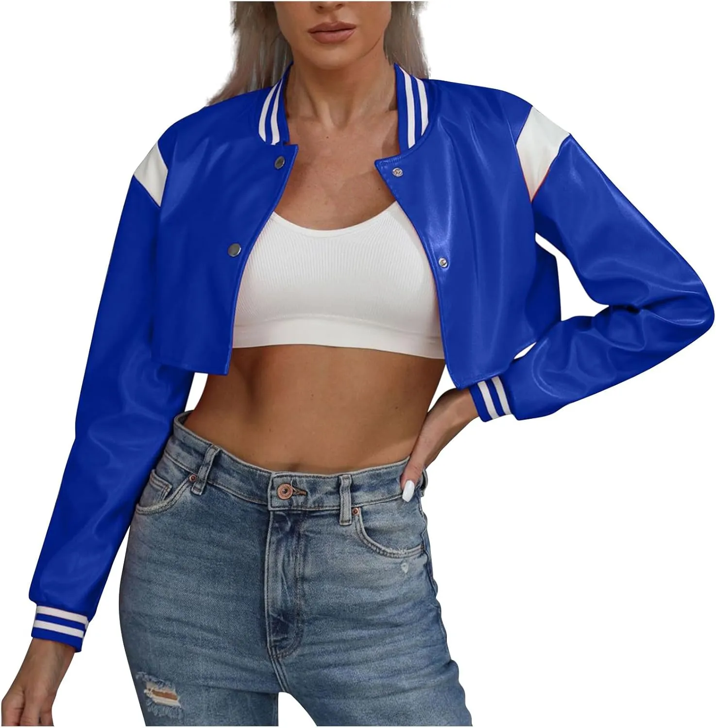 Dademeo Women's Bomber Jackets Leather Button Casual Cropped Baseball Jacket Fashion Motorcycle Jacket Short Varsity Outwear