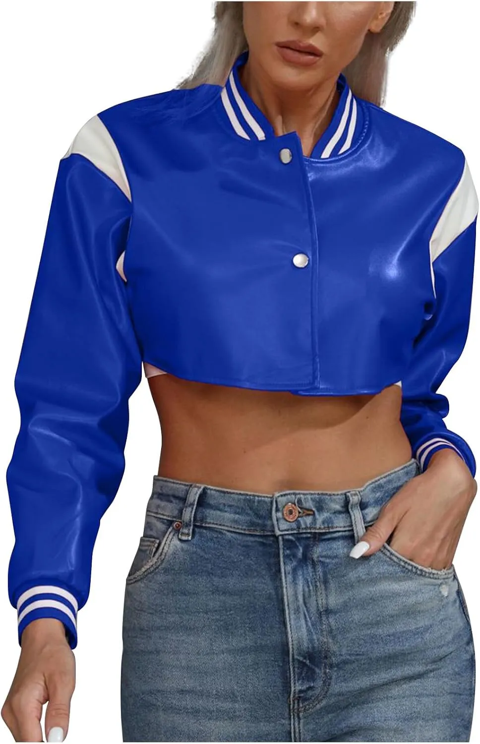 Dademeo Women's Bomber Jackets Leather Button Casual Cropped Baseball Jacket Fashion Motorcycle Jacket Short Varsity Outwear
