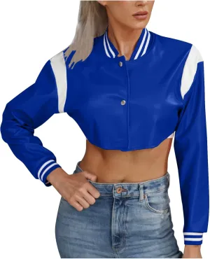 Dademeo Women's Bomber Jackets Leather Button Casual Cropped Baseball Jacket Fashion Motorcycle Jacket Short Varsity Outwear