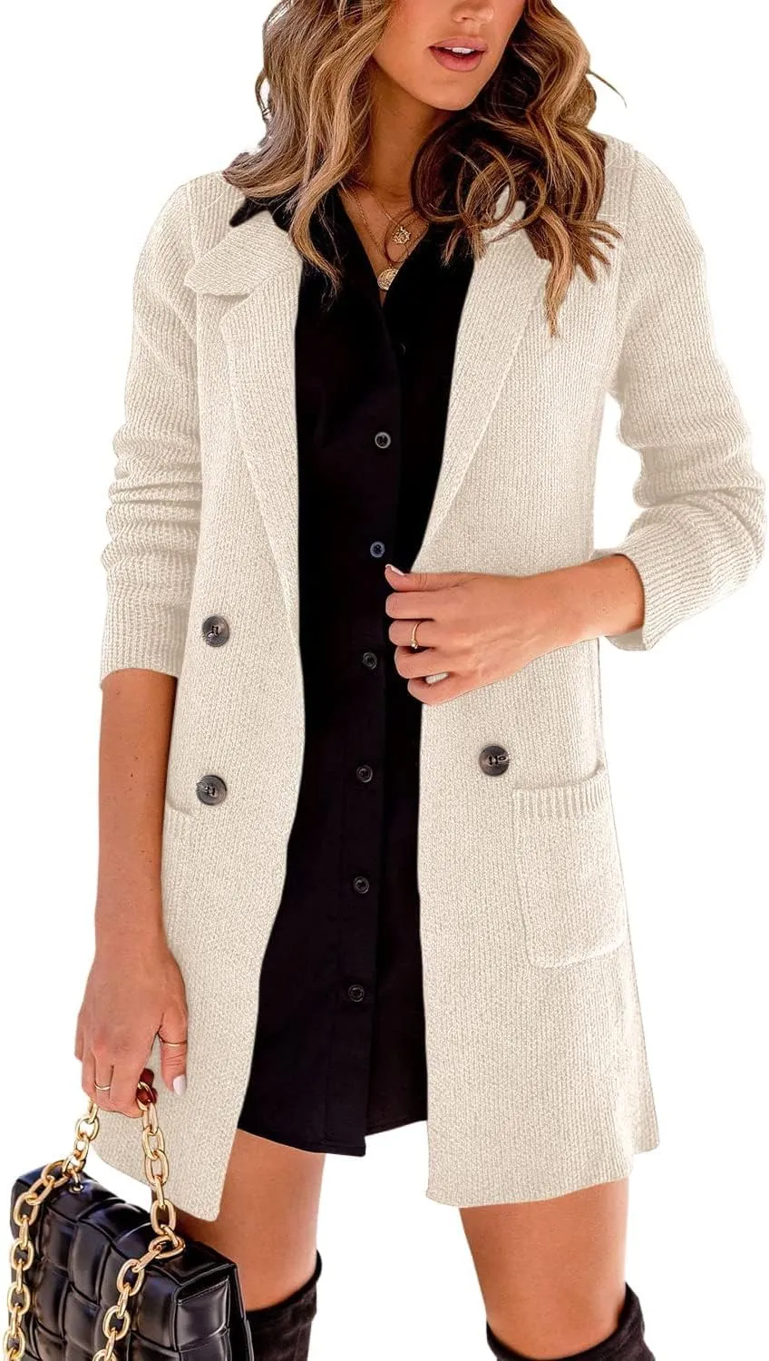 Danedvi Women Open Front Lapel Collar Cardigan Button Down Long Sweaters Cardigan Solid Outerwear Coats