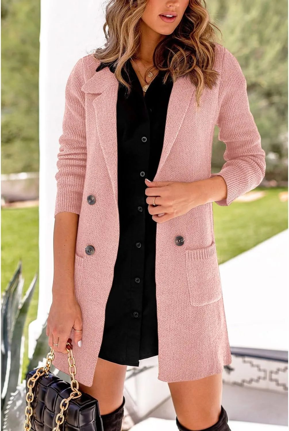 Danedvi Women Open Front Lapel Collar Cardigan Button Down Long Sweaters Cardigan Solid Outerwear Coats