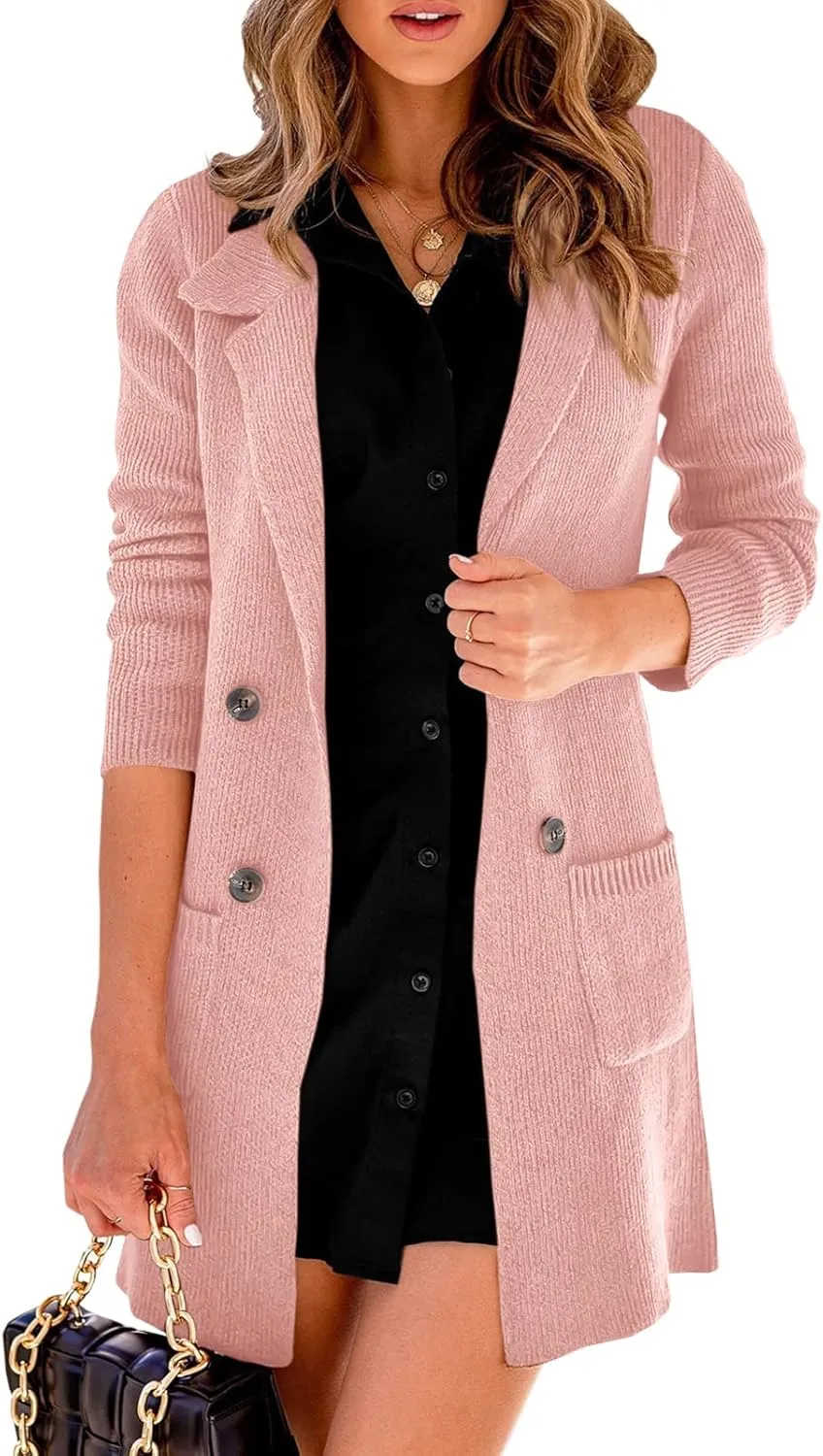 Danedvi Women Open Front Lapel Collar Cardigan Button Down Long Sweaters Cardigan Solid Outerwear Coats