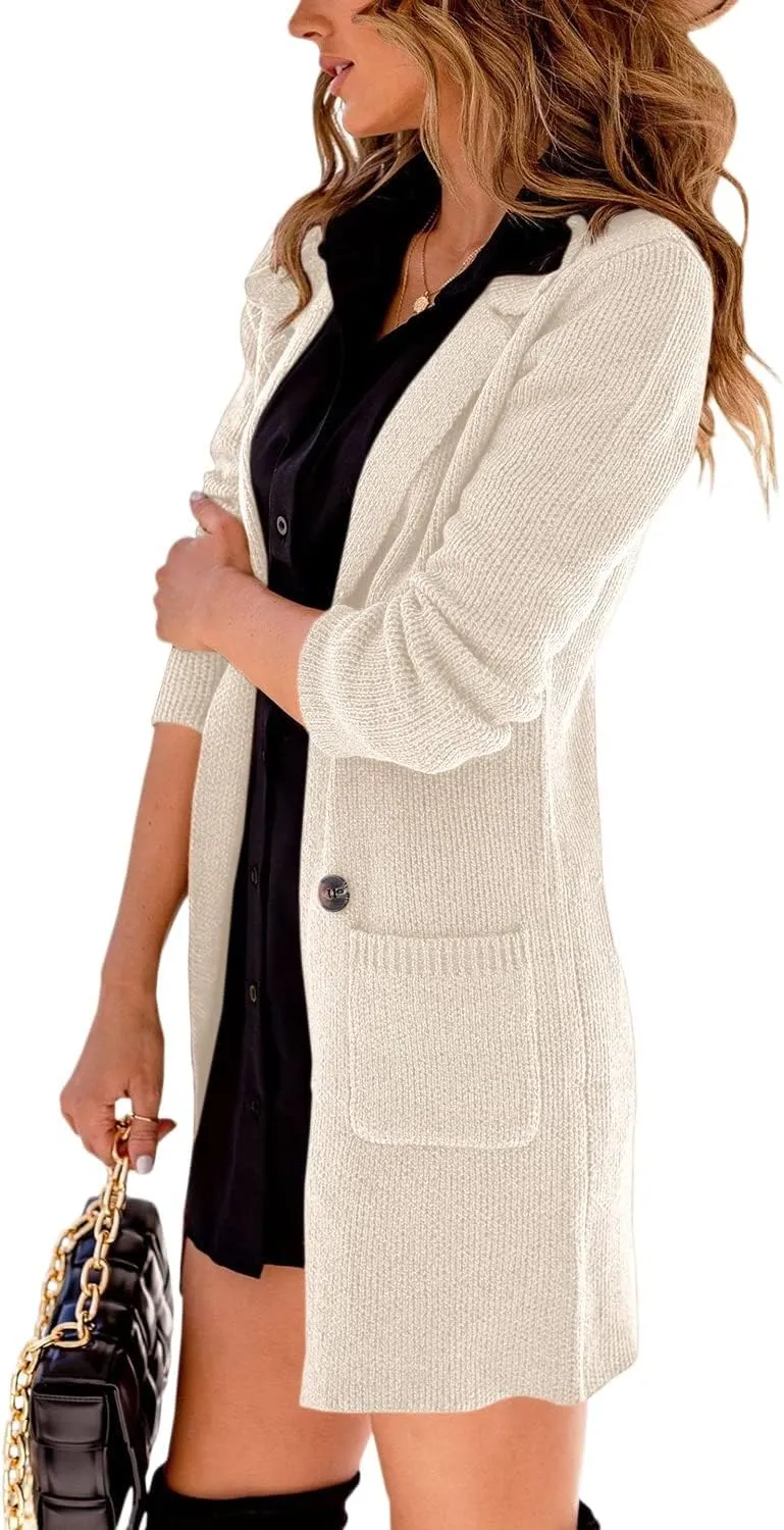 Danedvi Women Open Front Lapel Collar Cardigan Button Down Long Sweaters Cardigan Solid Outerwear Coats