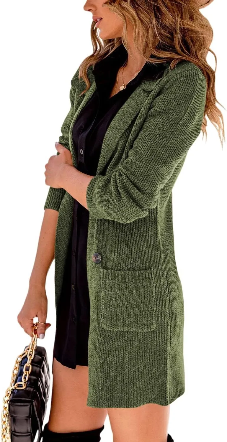 Danedvi Women Open Front Lapel Collar Cardigan Button Down Long Sweaters Cardigan Solid Outerwear Coats