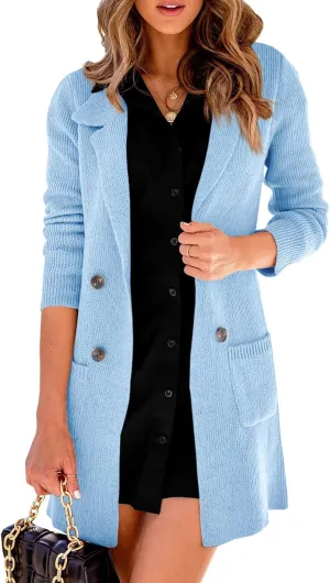 Danedvi Women Open Front Lapel Collar Cardigan Button Down Long Sweaters Cardigan Solid Outerwear Coats