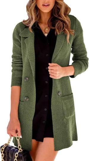 Danedvi Women Open Front Lapel Collar Cardigan Button Down Long Sweaters Cardigan Solid Outerwear Coats