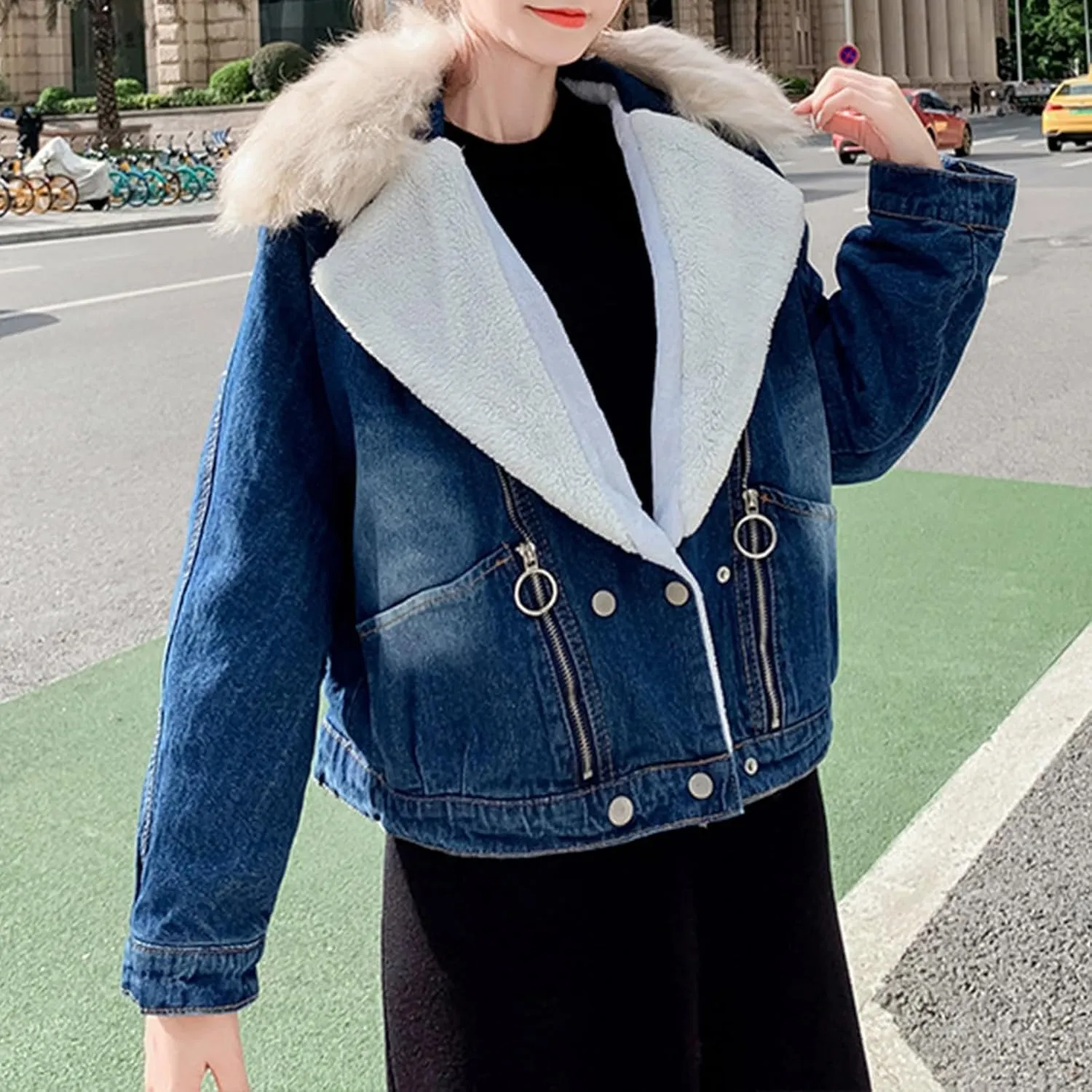 DDAPJ pyju Women's Warm Denim Jacket with Detachable Hood Fleece Lined Denim Coat Pockets Casual Winter Hoodies Jackets